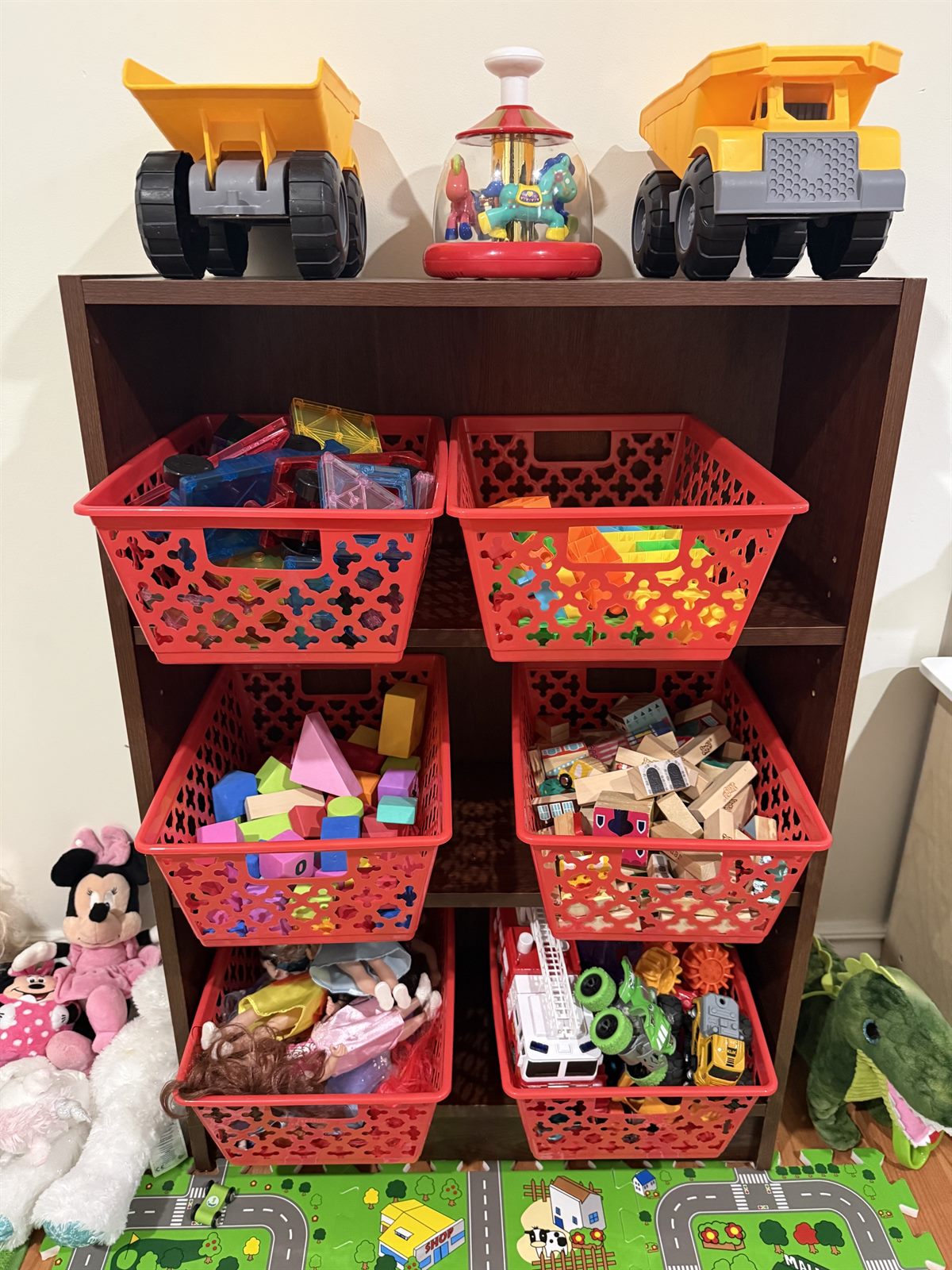Tidy toy shelves with sorted bins